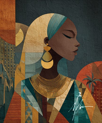  A digital artwork by Mutaz Art showing an African woman in bold geometric style — لوحة رقمية تُجسّد امرأة أفريقية بألوان دافئة وزخارف حديثة.
