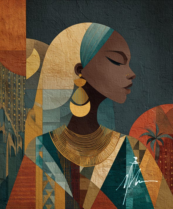  A digital artwork by Mutaz Art showing an African woman in bold geometric style — لوحة رقمية تُجسّد امرأة أفريقية بألوان دافئة وزخارف حديثة.